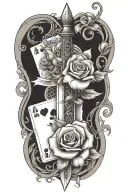 dagger going threw rose and vines wrapped around it with suits of cards etched in the blade  tattoo design idea
