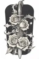 dagger going threw rose and vines wrapped around it with suits of cards etched in the blade  tattoo design idea