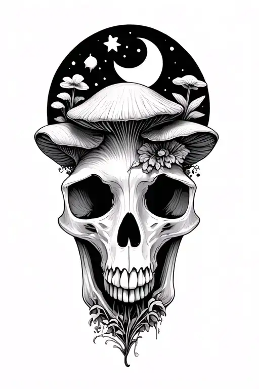 mushrooms, plants, moons, animal skull tattoo design idea