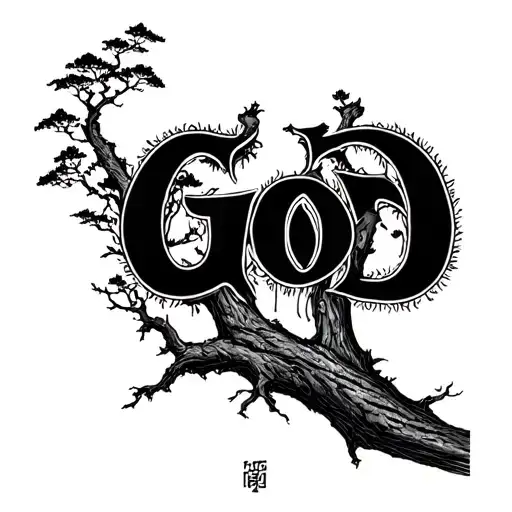 "God" Buddhist tree trunk tattoo design idea