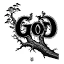 "God" Buddhist tree trunk tattoo design idea
