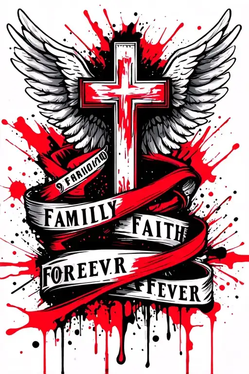 "Family Faith Forever" Cross Angel Wings wrapped loosely wrapped tattoo design idea