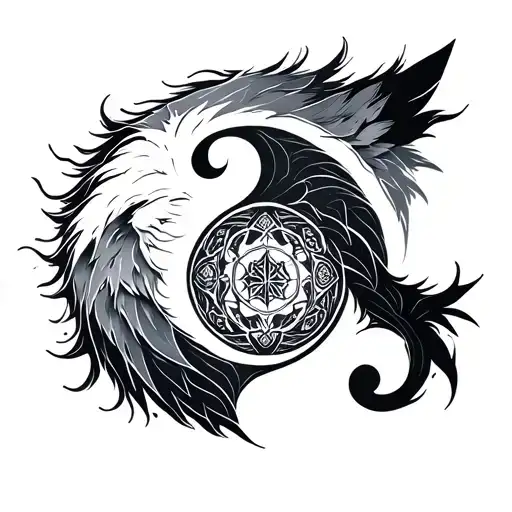lone wolf yin yang symbol intertwined geometry spirit totem tattoo design idea