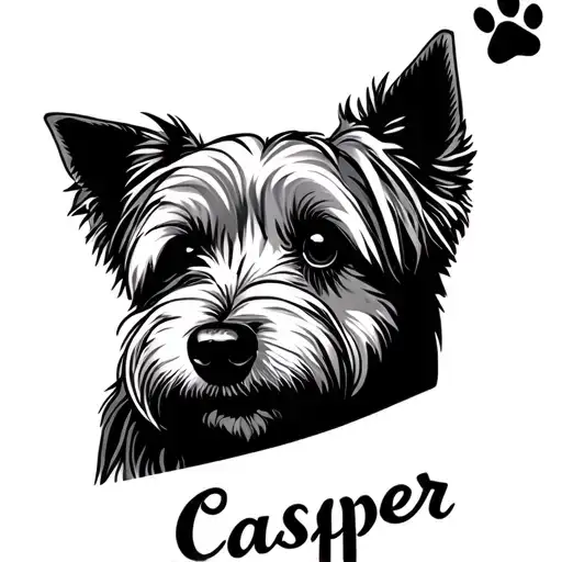 westie portrait front facing, paw print on side, with name Casper underneath  tattoo design idea