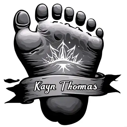 A footprint with my sons name Kayn Thomas born on April 1st 2025 at 12:08pm 8 pounds 5oz and 20.5" tattoo design idea