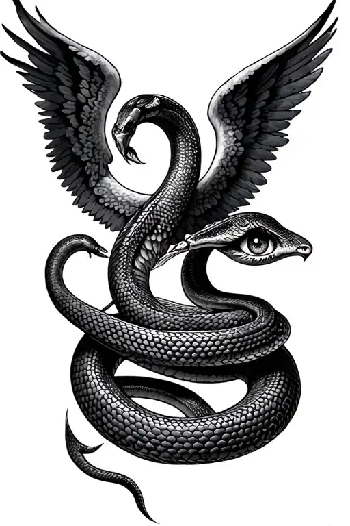 mirrored, snakes, renaissance, angel, fallen angel, third eye tattoo design idea