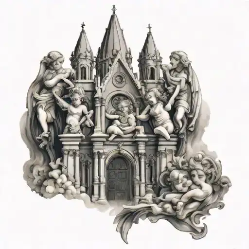cathedral scene with cherub angels tattoo design idea