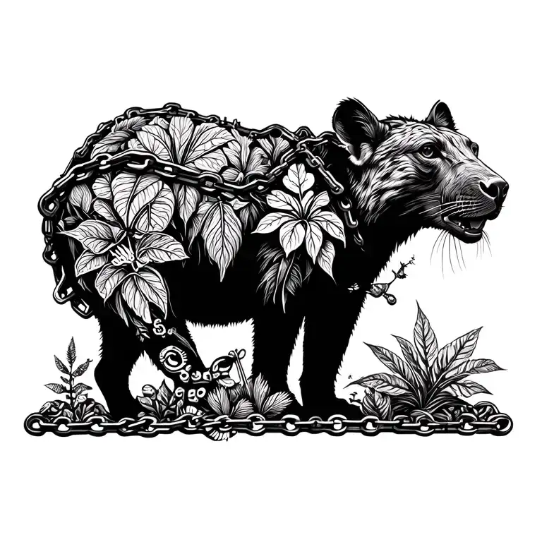 A collage of different endangered animals and plants intertwined with bike chains, reflecting your work as an ecologist and love for nature tattoo design idea