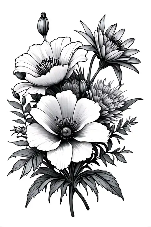 poppy Sage Lily and aster flowers tattoo design idea