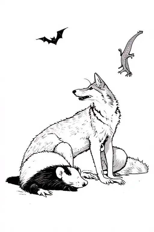 an opossum plays dead at the feet of a coyote; the coyote is sitting and looking up at a monitor lizard; a bat flies abo tattoo design idea