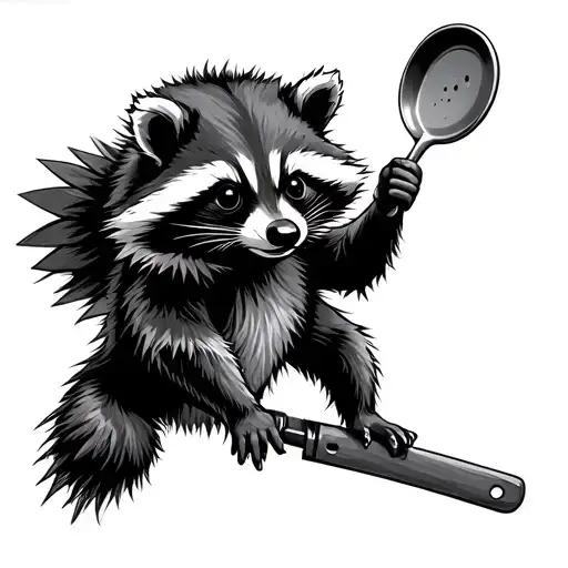 tactical raccoon holding frying pan flying tattoo design idea
