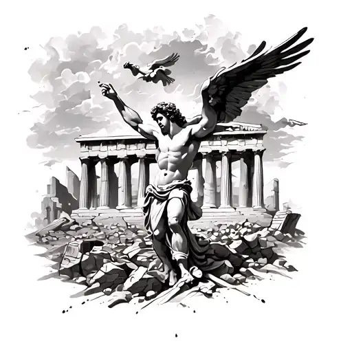 greek mythology inspired back tattoo with crumbling parthenon in background. icarus falling from the sky. tattoo design idea