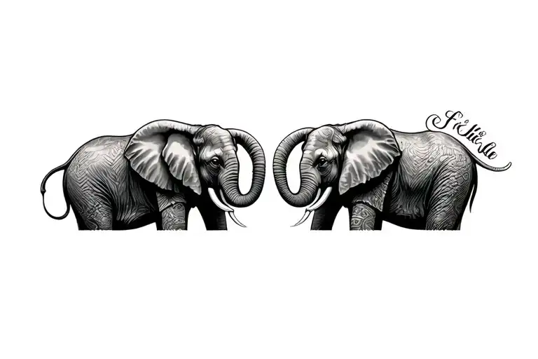 write Ellie and Riley dark shade with elephant traditional style tattoo tattoo design idea