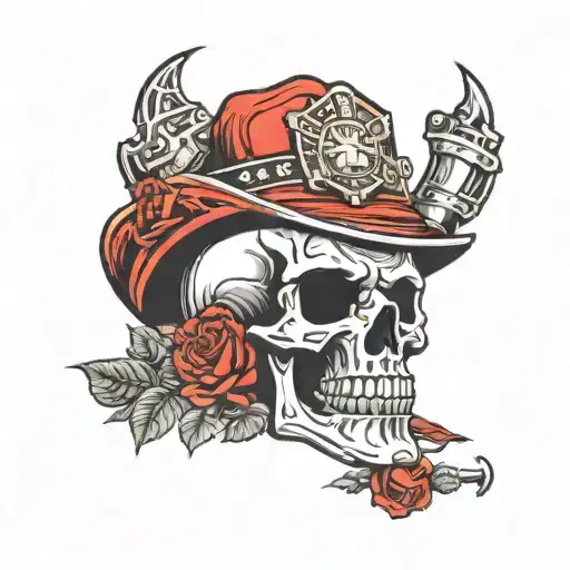skull wearing fire fighter hat, red roses Harley Davidson logo tattoo design idea