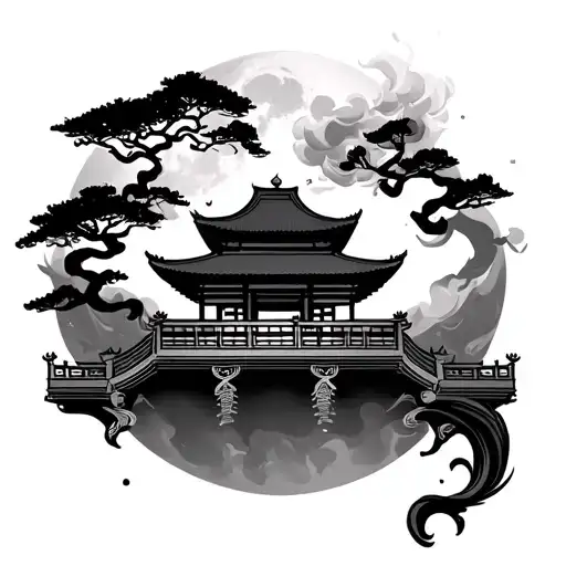 An oriental temple with trees of life a moon behind and a smoke with curves in Eastern railing tattoo design idea