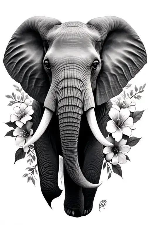 realistic African elephant head with flowers intertwined tattoo design idea