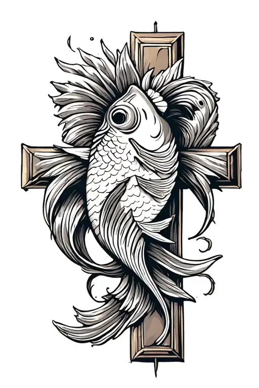 cross with Christian fish symbol intertwined tattoo design idea