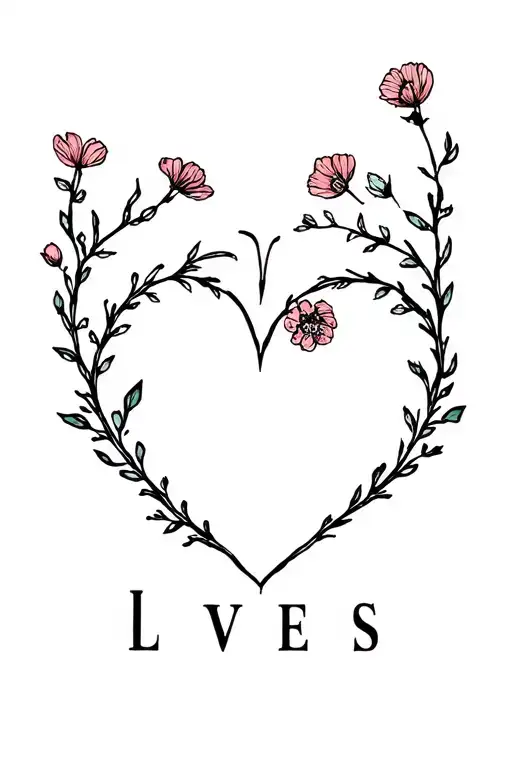The heart from the branches of plants or flowers inside two letters initials of lovers and in the title color gently tattoo design idea
