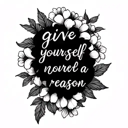 "give yourself a reason" spine tattoo with flowers, fine line tattoo design idea