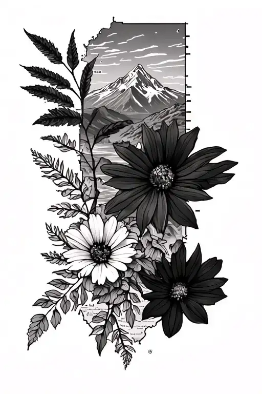 a band of Alaskan wild flowers on the bottom with a mountain range above it and then a topographical map background tattoo design idea