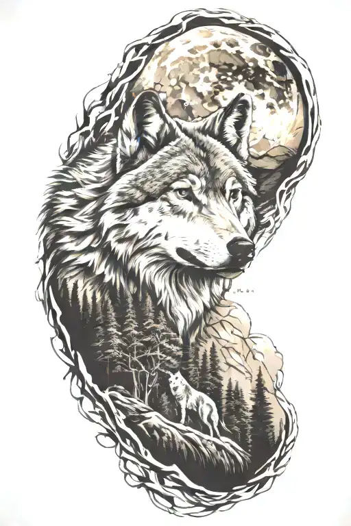 wolf  and woods and mountains tattoo design idea