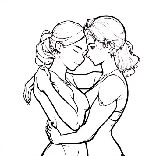 Two characters in an embrace. One character is dense, with clear black contours and shading. The second one is translucent, no. tattoo design idea