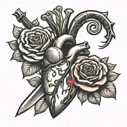 dead flowers, anatomical heart, dagger tattoo design idea
