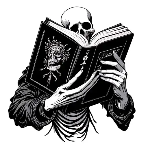 the reader tarot card with skeleton holding book tattoo design idea