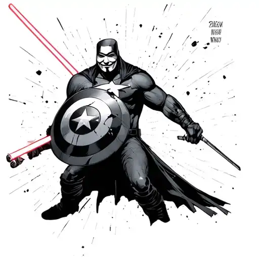 The character V from V For Vendetta holding Captain America's broken shield from Endgame in one hand, and a lightsaber tattoo design idea