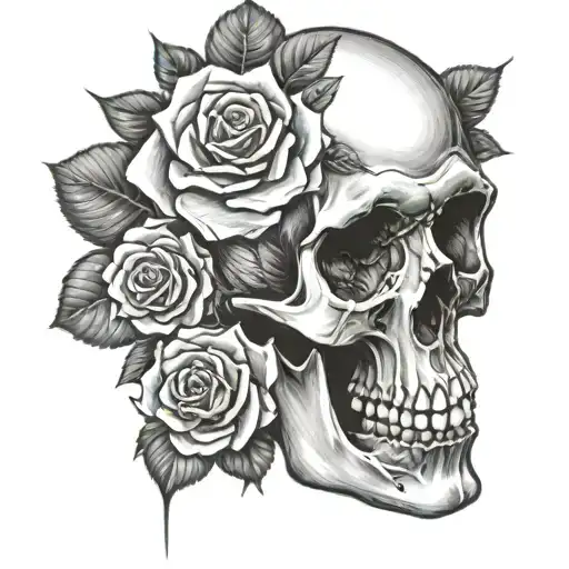 realistic skull and roses tattoo design idea
