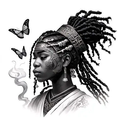 African American female samurai with dread lock smoking with butterflies around  tattoo design idea