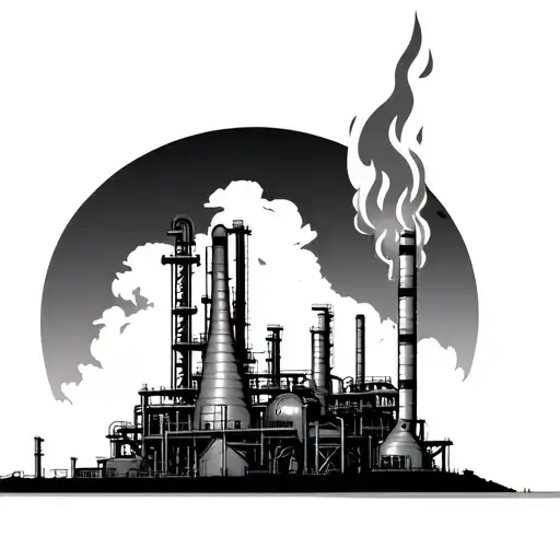 oil refinery plant with towers and sky/clouds in background. 1 tower with flare/flames  tattoo design idea