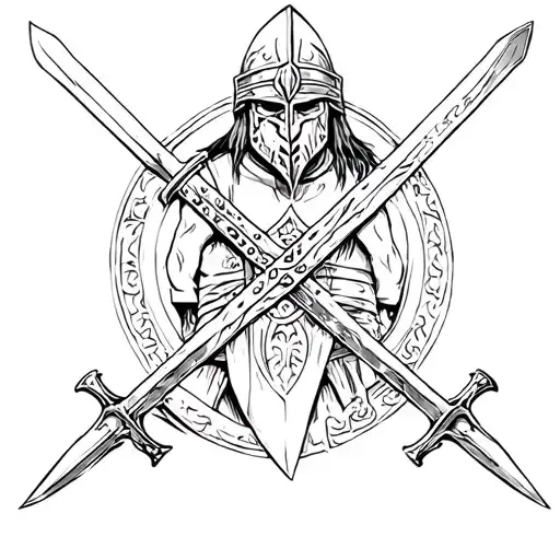 gladiator Spartakus with two swords crossed tattoo design idea