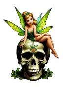 tinkerbell sitting on a skull tattoo design idea
