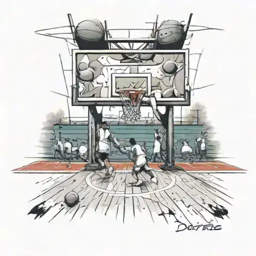 A realistic portrayal of a basketball court with hidden cartoon characters in the crowd tattoo design idea