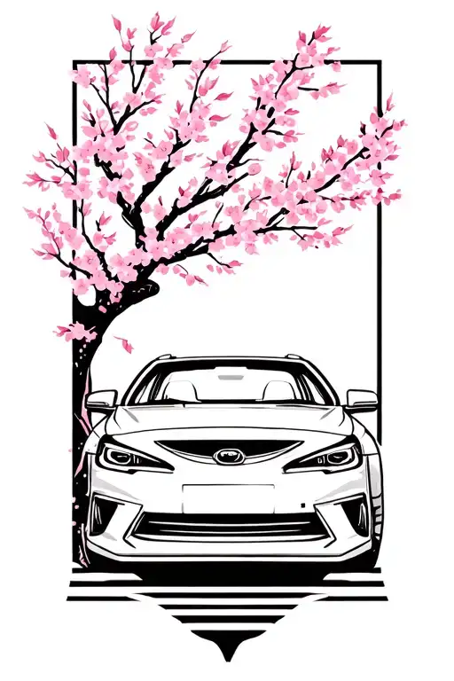 FRS driving under the cherry blossom. leaves falling and blend into afterlife COD symbol. l tattoo design idea