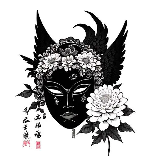 Hanya mask with chrysanthemum and angel kanji written tattoo design idea
