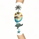 geometrical shapes with a turtle, a nautile, tropical fish, a sea lanscape with a coconut tree and a mountain landscape  tattoo design idea