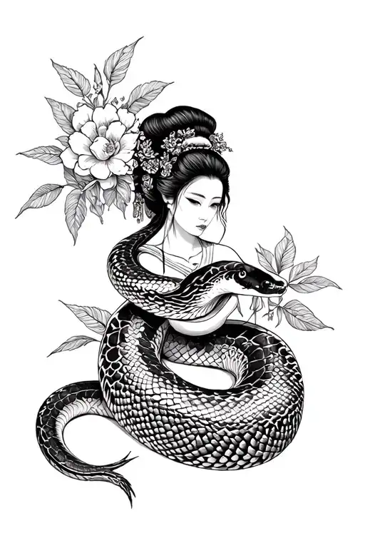 Anaconda around a Geisha tattoo design idea