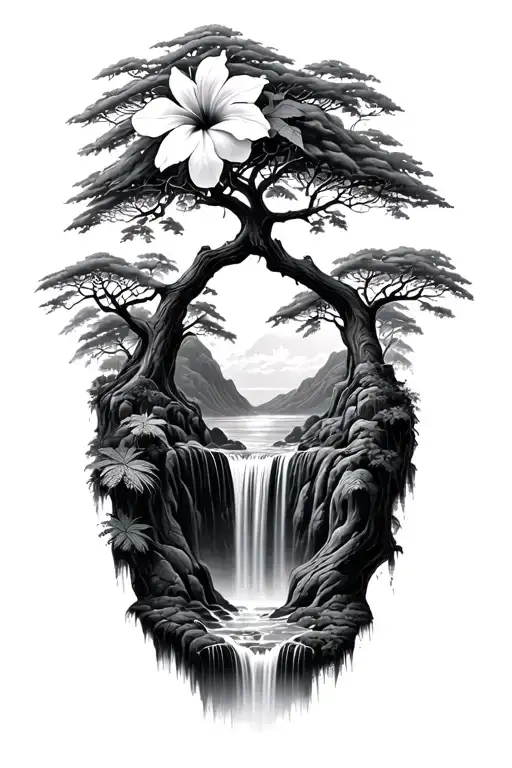 banyan tree and hibiscus flower with hawaiin waterfall tattoo design idea