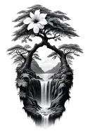 banyan tree and hibiscus flower with hawaiin waterfall tattoo design idea