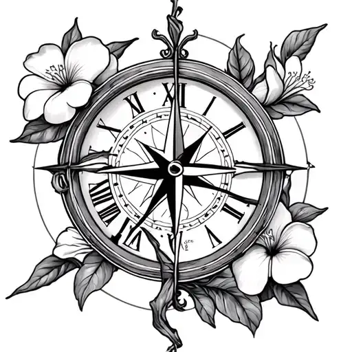 frangipani and hibiscus vine intertwined with broken half clock and half compass tattoo design idea