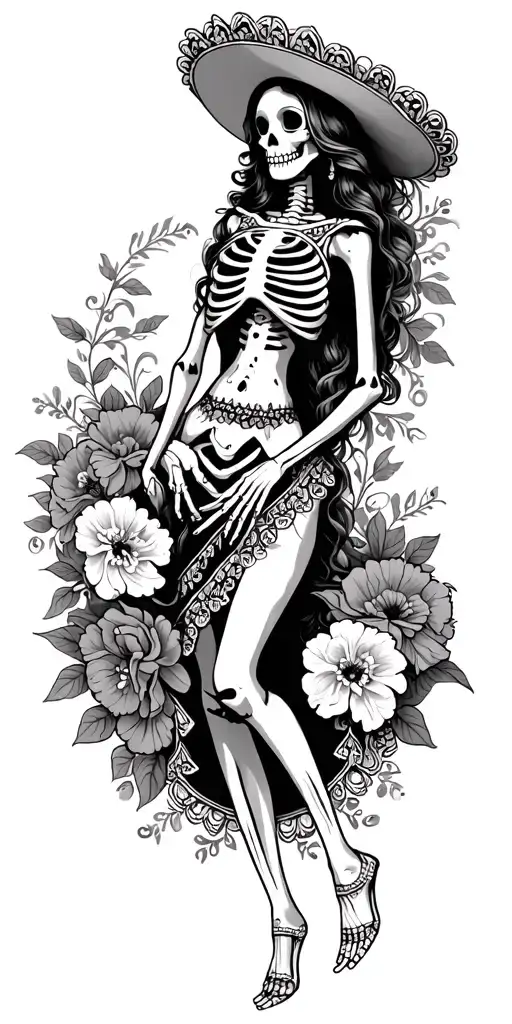 Mexican woman skeleton in Mexican dress with carnations surrounded with filigree  tattoo design idea