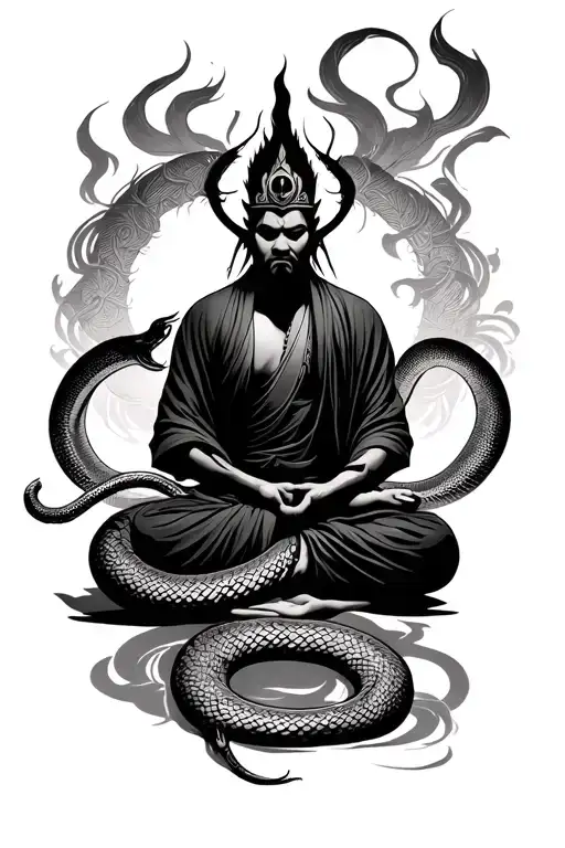 shoalin warrior meditating monk shadow with snake coiled tattoo design idea