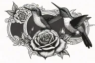 Hummingbird drinking nectar from rose with 1993 and a clock in Roman numerals tattoo design idea