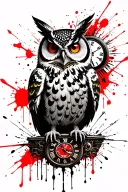 Trash polka tattoo with an owl with fuzzy edges, red strokes, a mechanical clock in the background with the time 12, a t tattoo design idea