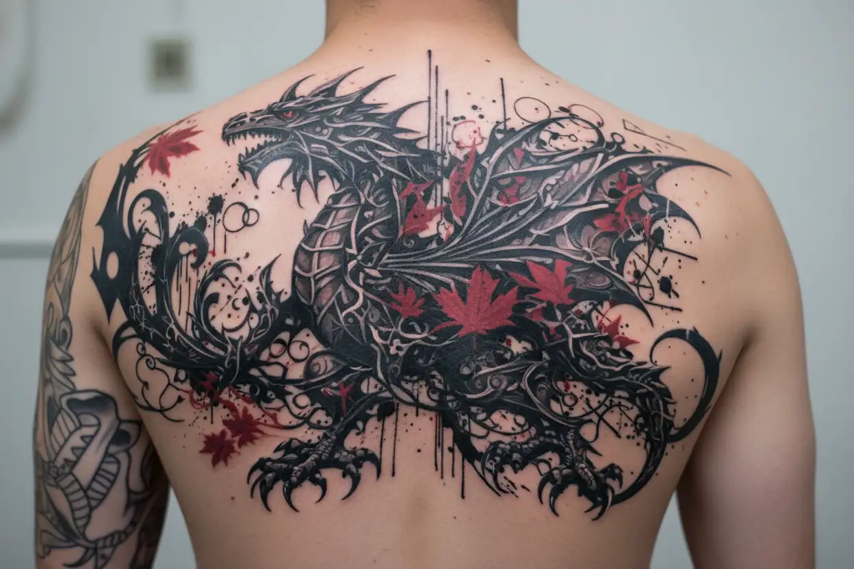 welsh dragon and maple leaf intertwined tattoo design idea