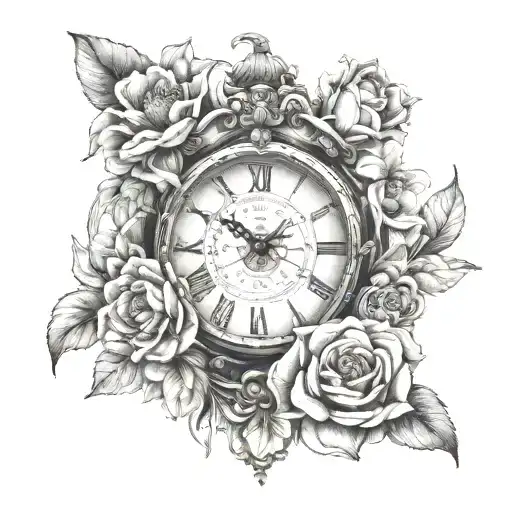 clock, Gemini sign, first name Miya and flowers tattoo design idea