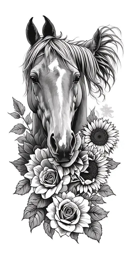 Horses, Roses, Sunflower, western tattoo design idea