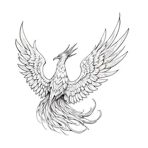 opened wings phoenix in suminagashi lines, long tail tattoo design idea